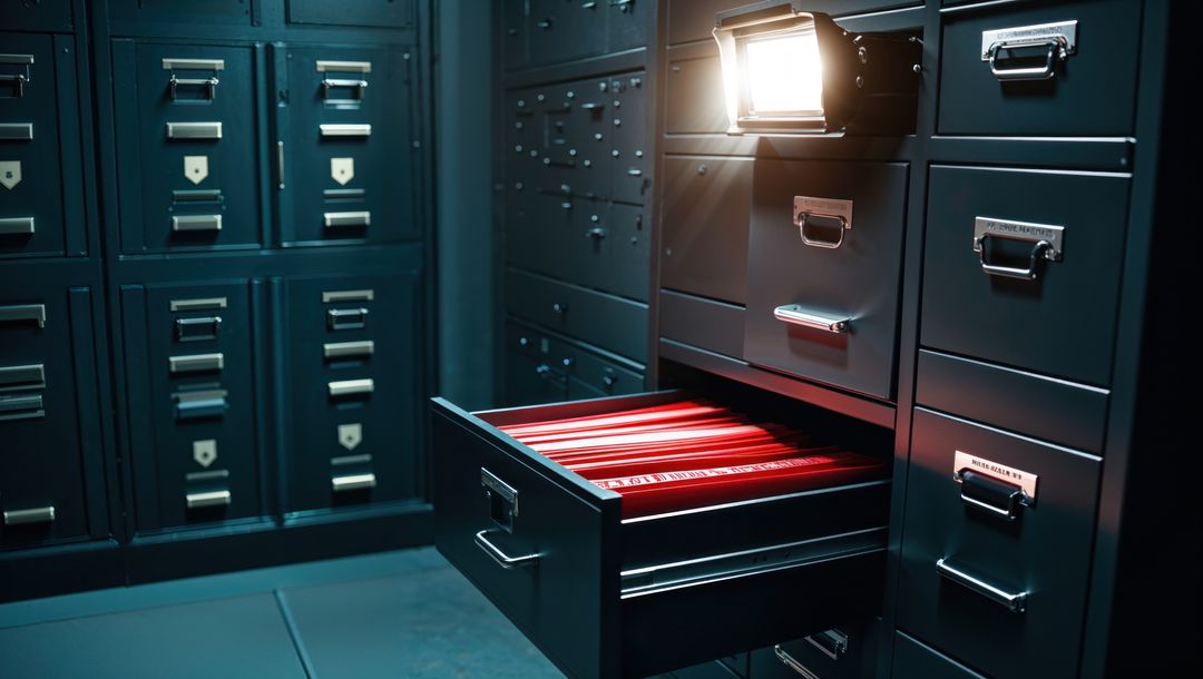 Open drawer in archive vault with red folders under spotlight, criminal record storage concept