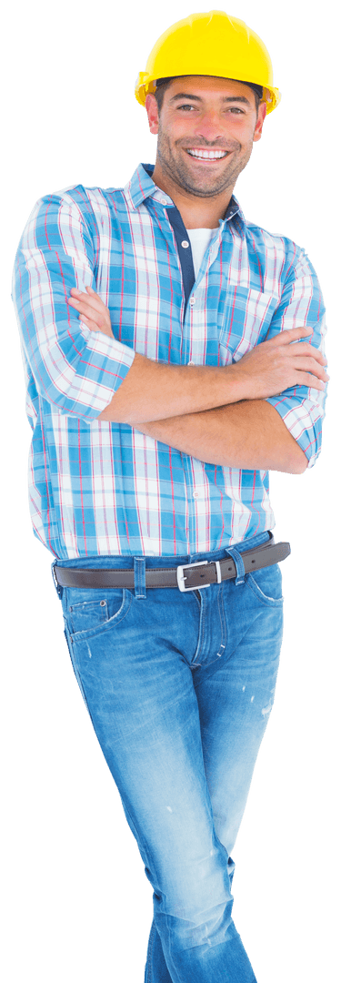 Transparent Smiling Handyman with Hard Hat and Blue Plaid Shirt