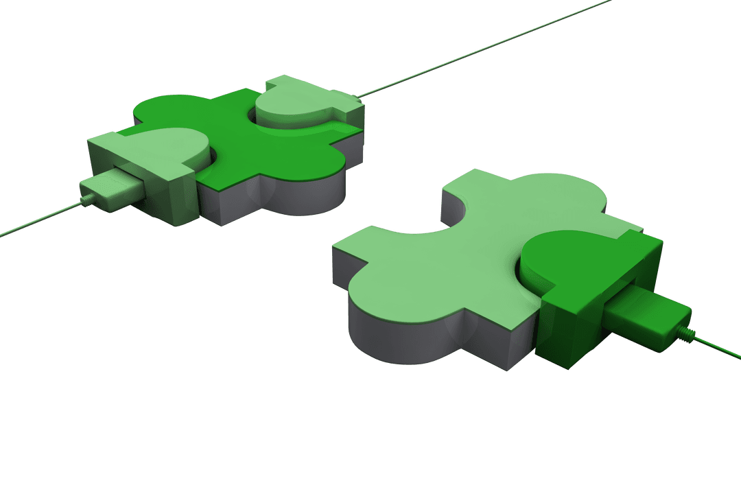 Green Puzzle Pieces with Electronic Plugs on Transparent Background