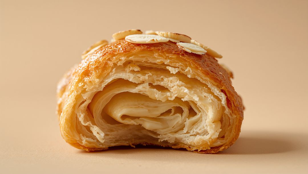 Halved almond croissant revealing flaky butter layers with sliced almonds