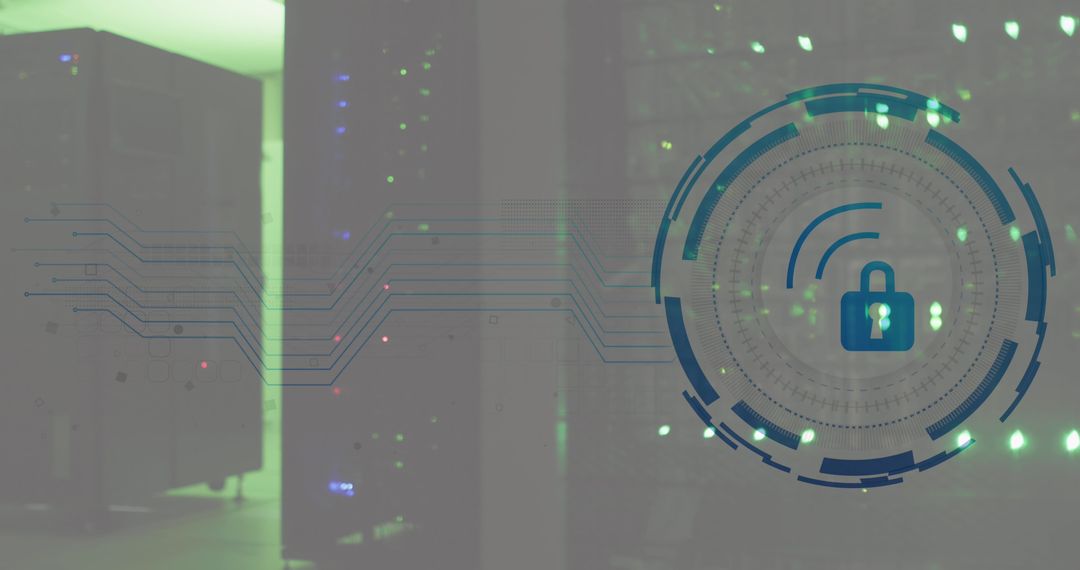 Cybersecurity Padlock Overlay on Server Room Background