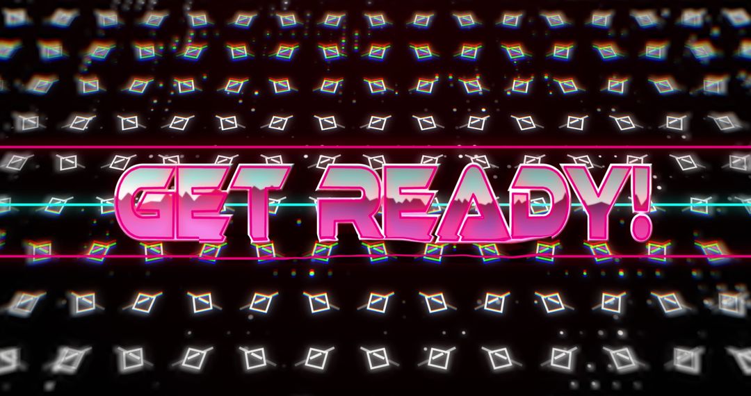 Get Ready Text with Dynamic Neon Squares Background
