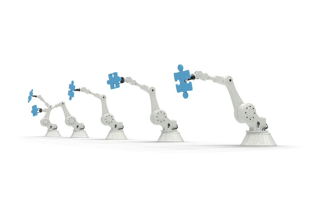 Transparent Robotic Arms Holding Puzzle Pieces Sequence