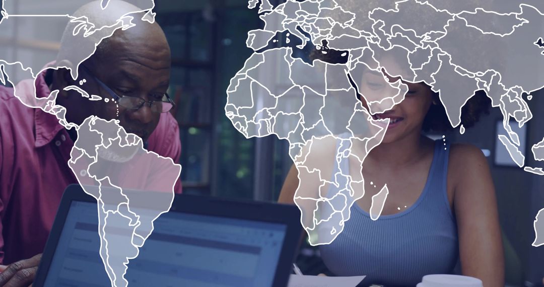 Professional Team Collaborating in Modern Office with Digital Overlay