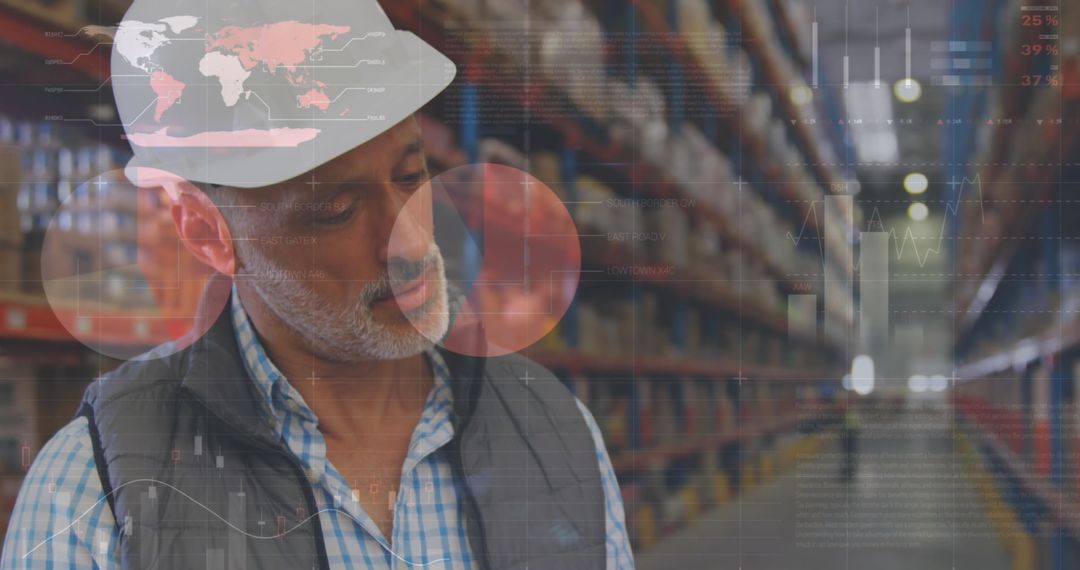 Warehouse Worker Reviewing Logistics with Digital Overlay