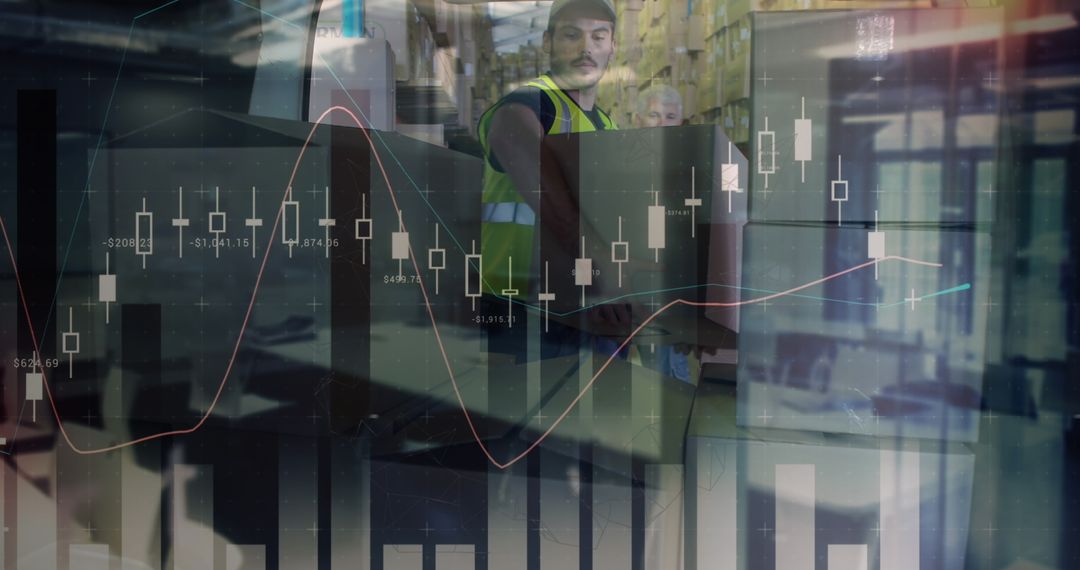 Warehouse Worker Handling Boxes with Stock Market Overlay