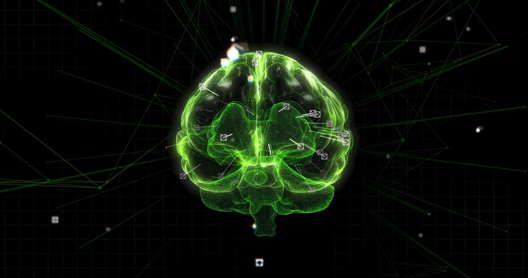 Glowing Green Digital Brain with Networks and Data Connections
