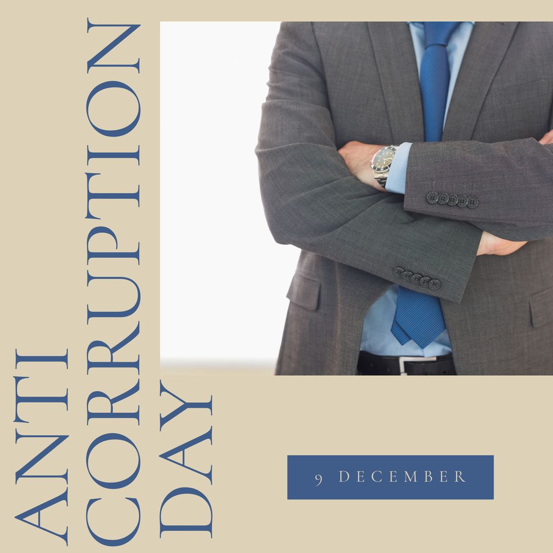 Businessman Stands in Suit on Anti-Corruption Day Background