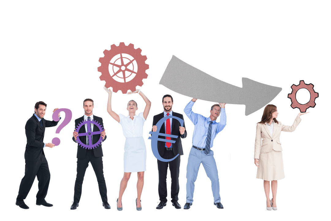 Business Team Holding Icons Question Mark Gear Arrow