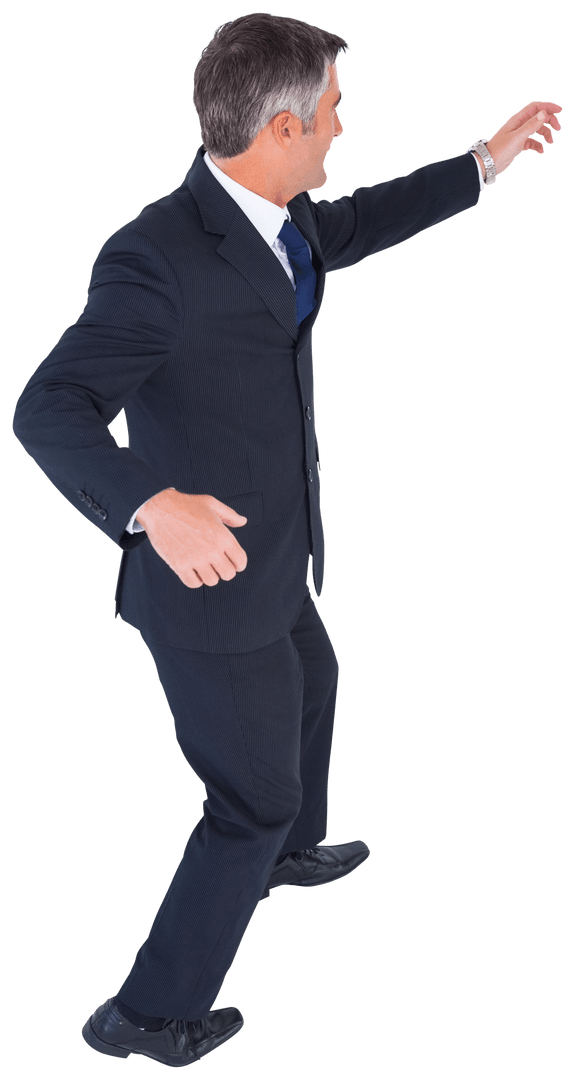 Businessman in suit with raised arm, transparent background