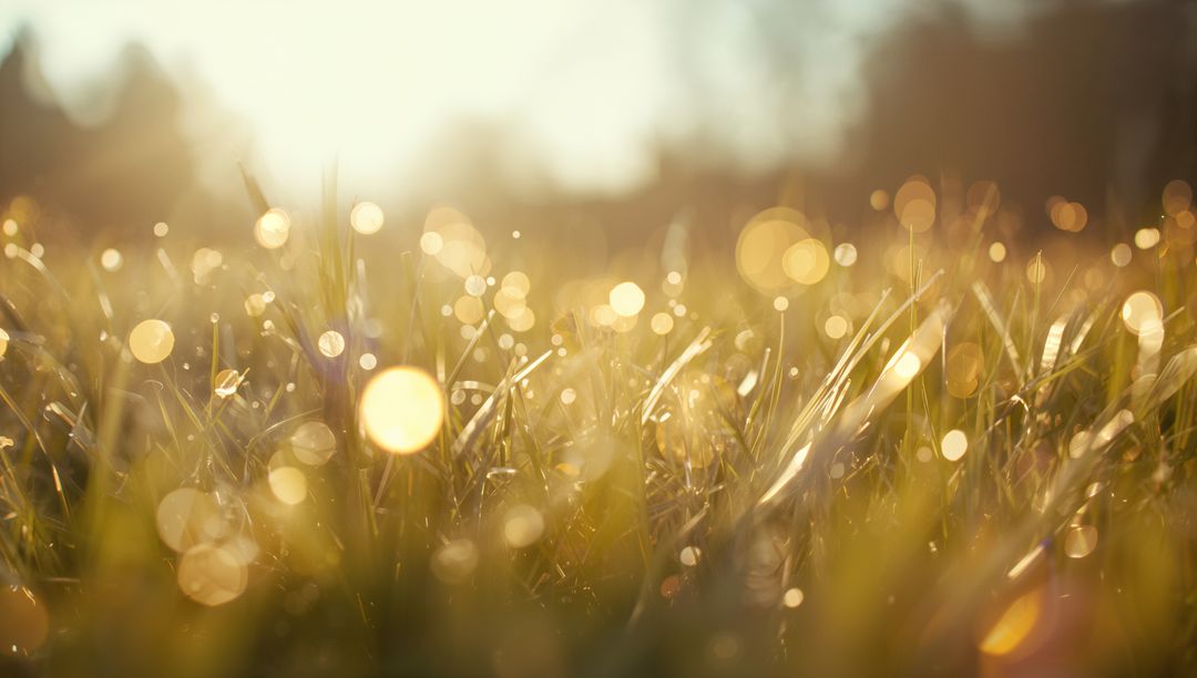 Glistening Grass with Dew Drops and Bokeh in Warm Sunlight