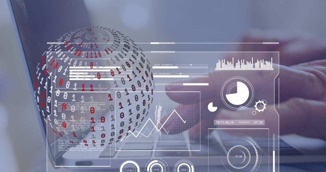 Hand Interacting with Laptop and Digital Analytics Interface