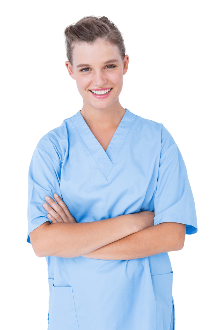Smiling Nurse in Blue Scrubs with Crossed Arms on Transparent Background