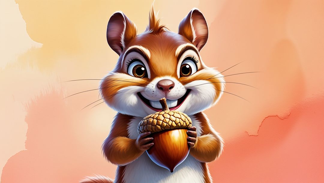 Whimsical Chipmunk with Acorn Against Pastel Background