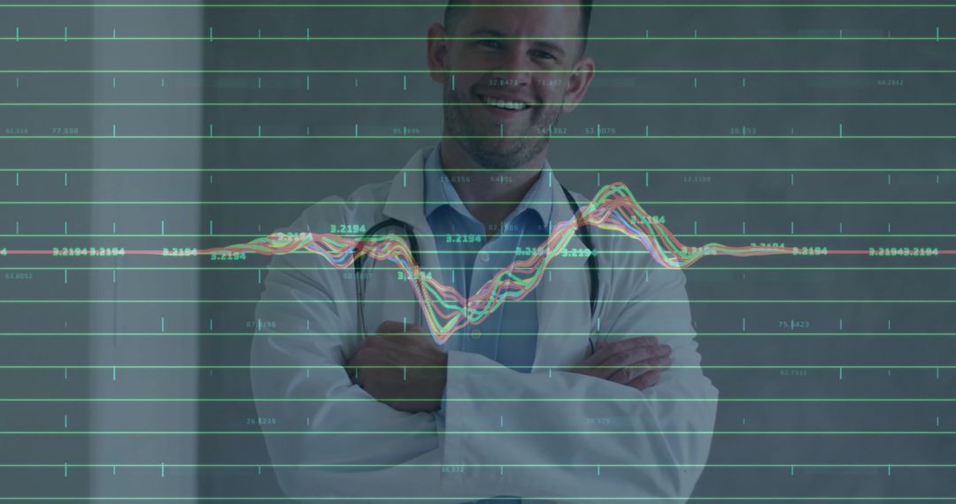 Doctor Analyzing Medical Data with Graph Overlay in Corridor