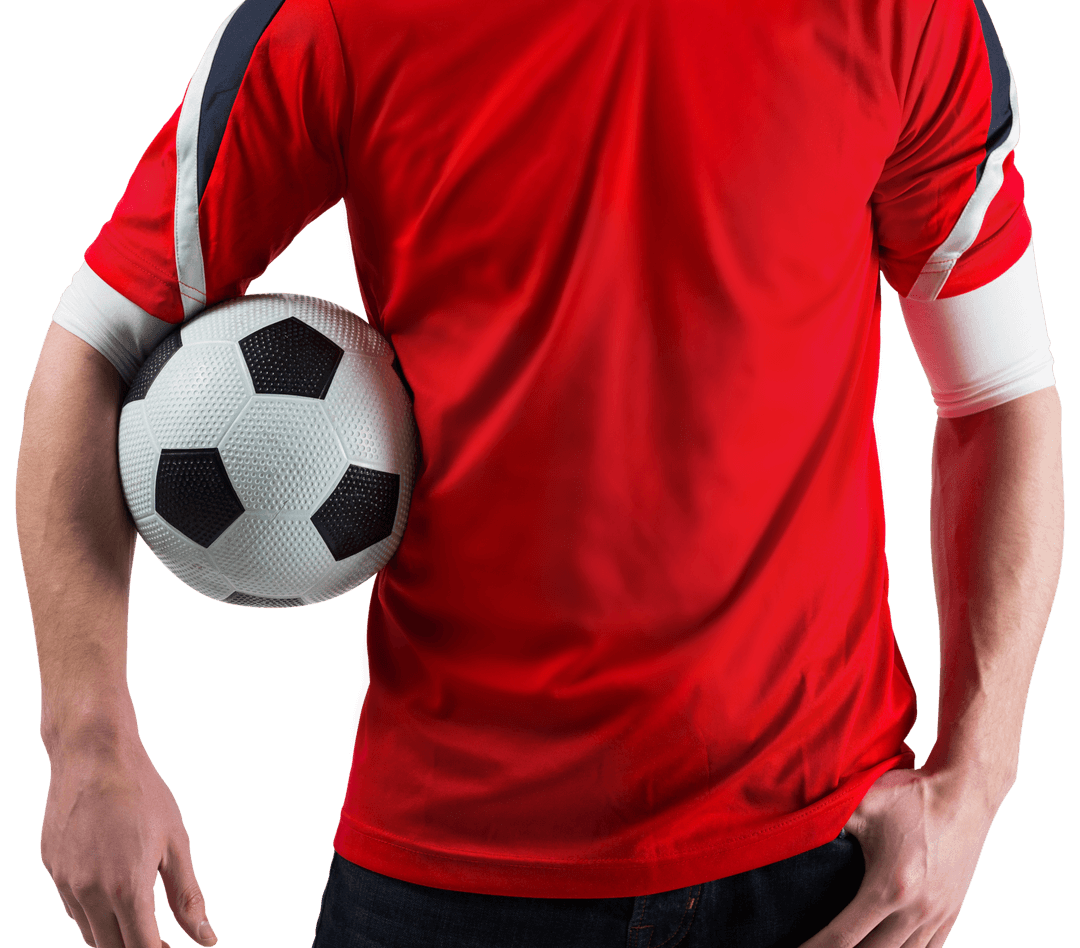 Soccer Fan in Red Attire Holding Ball Transparent Background