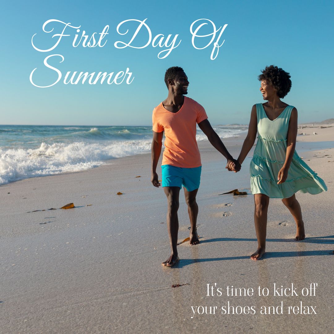 First day of summer text with happy african american couple holding hands and walking on beach - Download Free Stock Templates Pikwizard.com