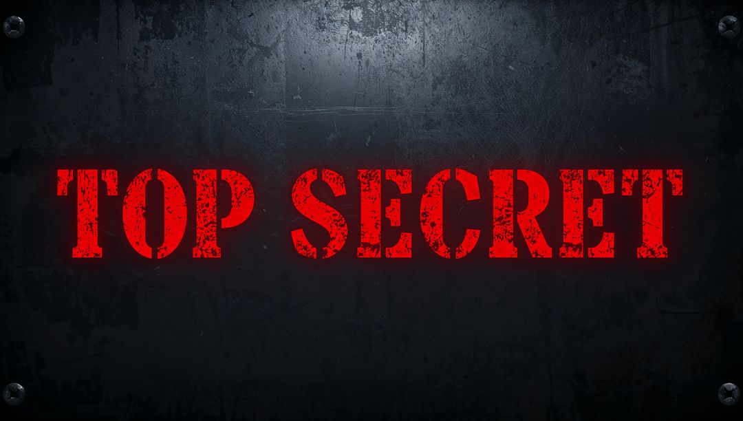 Red TOP SECRET Stencil on Weathered Industrial Metal Panel with Grunge Texture