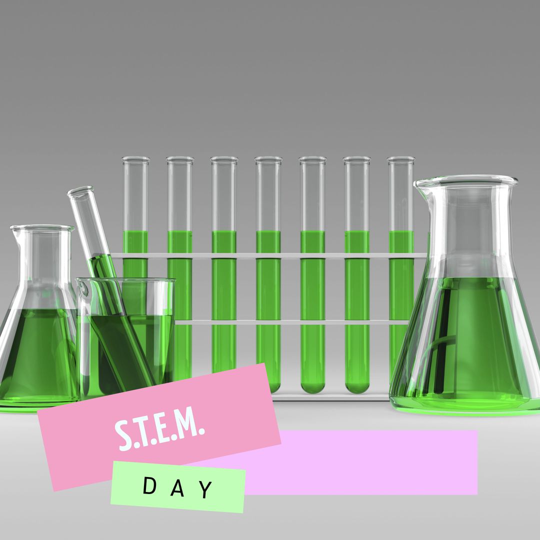 STEM Day Celebration with Green Liquid in Test Tubes and Flasks