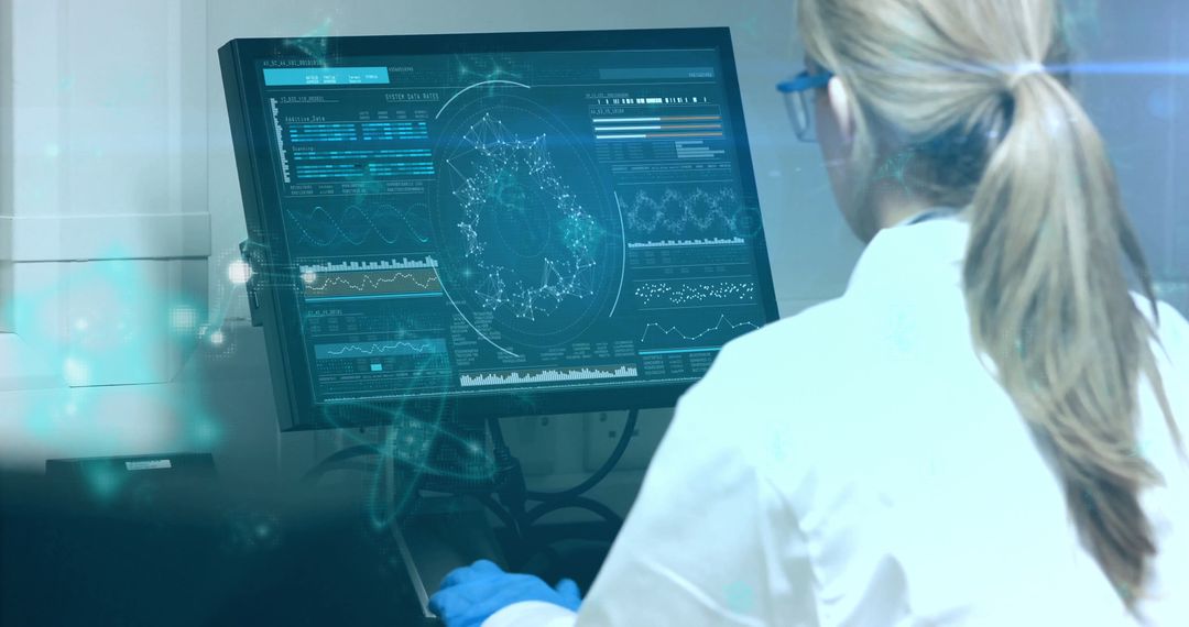 Scientist Analyzing Data Screens in High-Tech Laboratory Setting