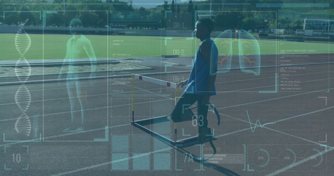 Athlete with Prosthetic Leg Preparing for Hurdles on Track - Free Images, Stock Photos and Pictures on Pikwizard.com