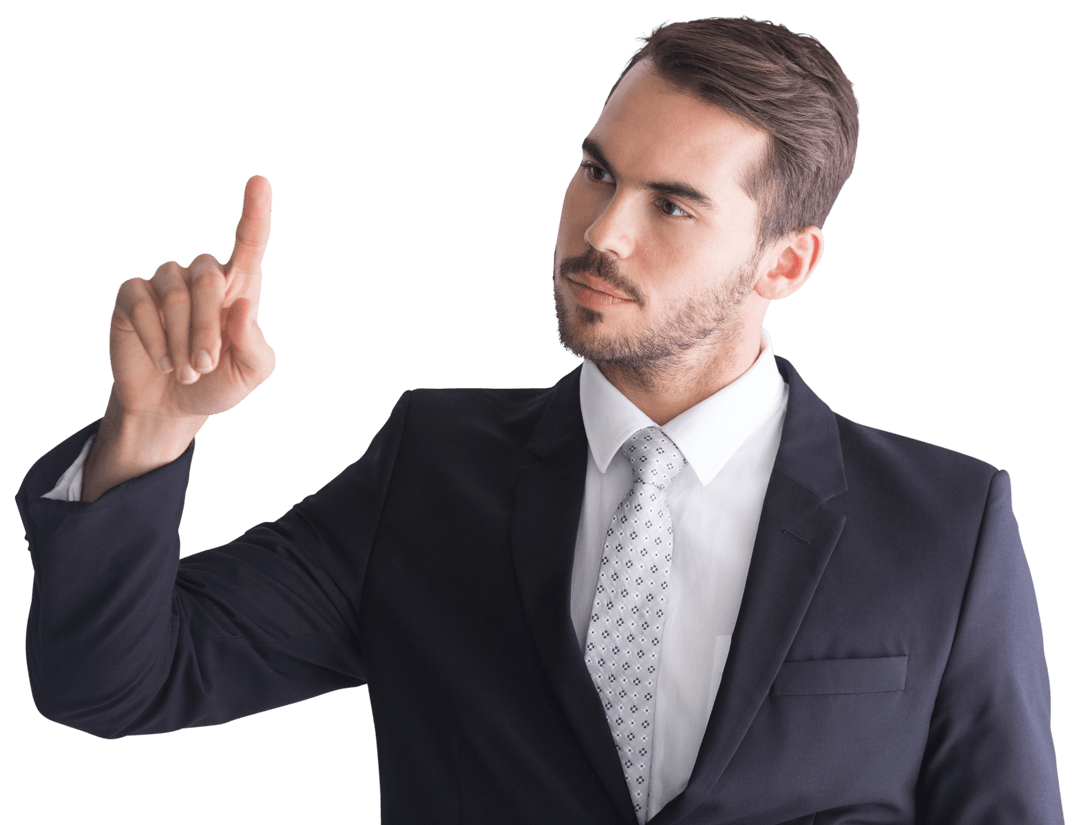 Transparent Businessman Touching Virtual Interface with Thoughtful Expression