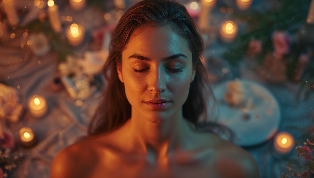 Serene Meditation Amid Candlelight and Flower Petals