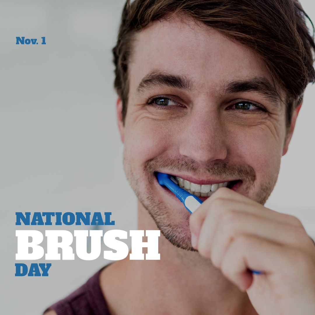 Composition of national brush day text over caucasian man brushing teeth - Download Free Stock Templates Pikwizard.com