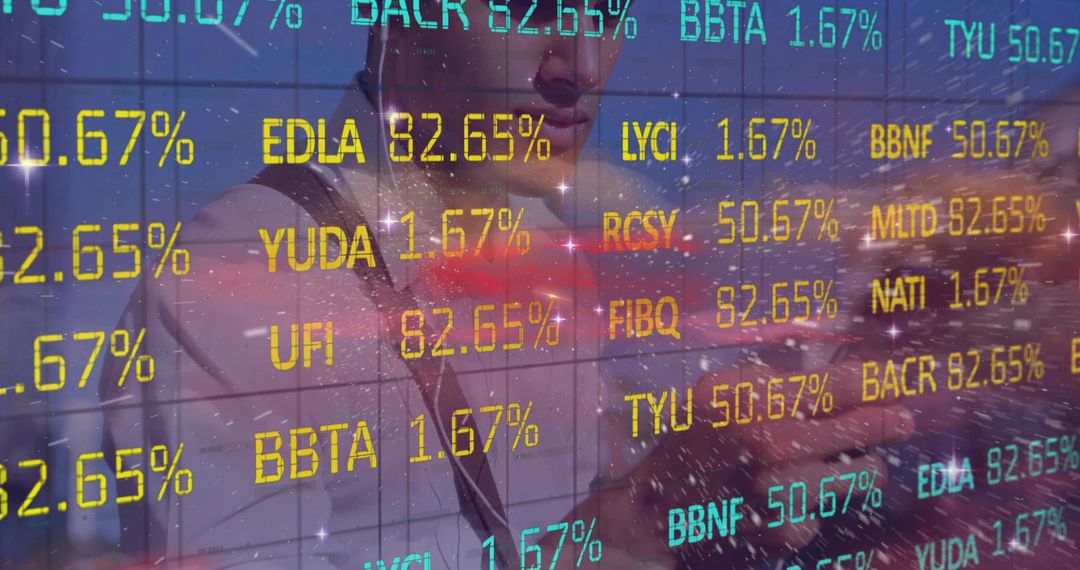 Business Professional Using Tablet with Overlaid Stock Market Tickers and Data Visualization