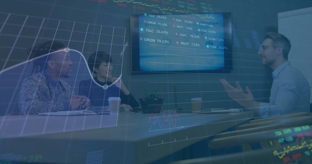 Business Team Meeting with Overlay of Financial Data Graphics