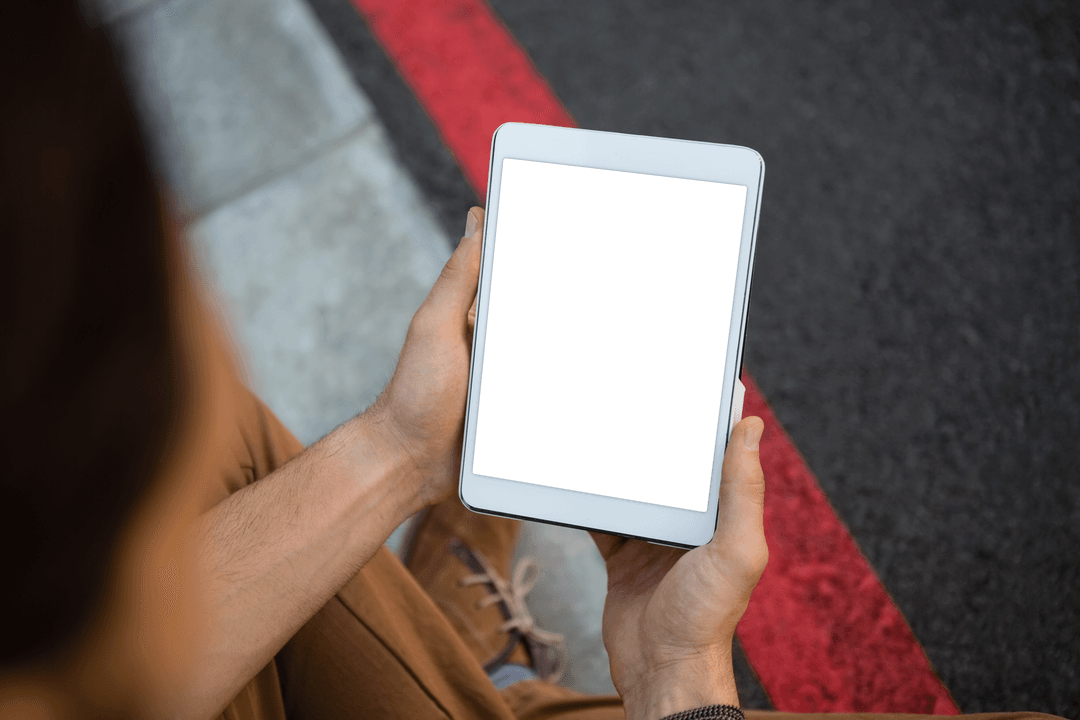 Hands Holding Transparent Tablet Outdoors, Viewing Screen