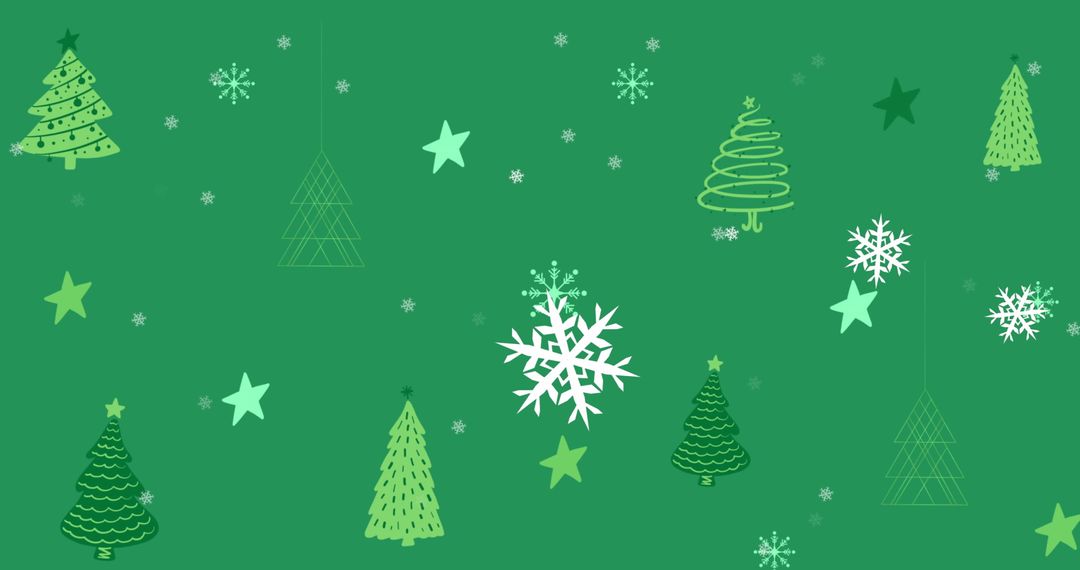 Festive Christmas Trees and Snowflakes Pattern on Green Background