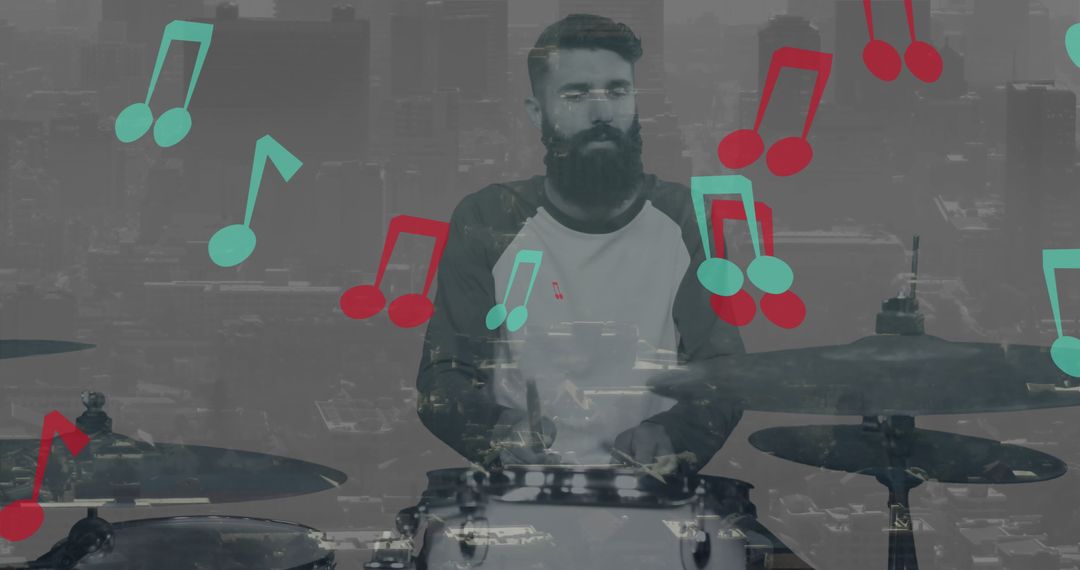 Abstract Tween Drummer Silhouette with Musical Notes