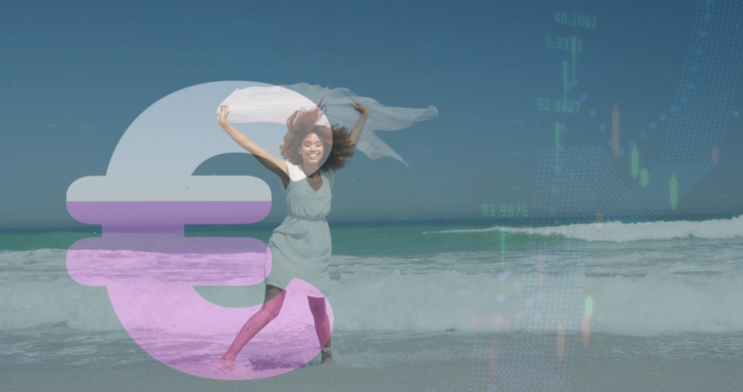 Woman at Beach with Euro Symbol Overlaying Ocean Serenity