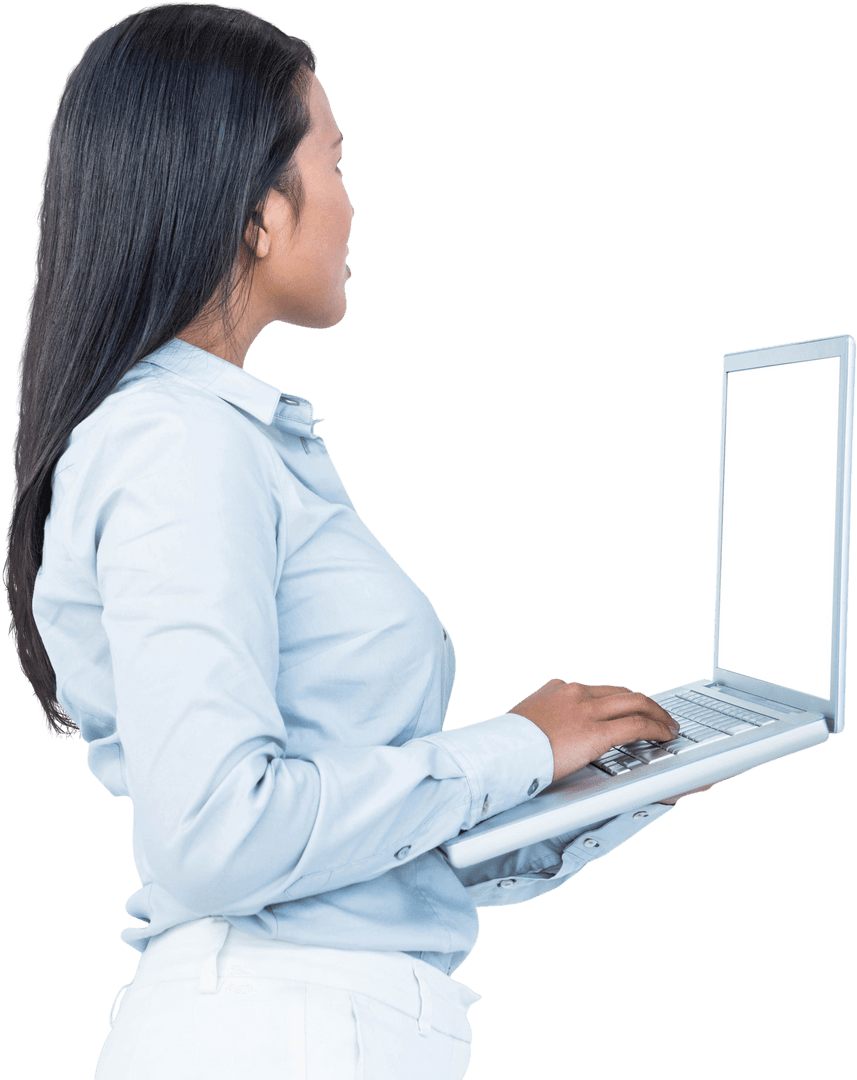 Transparent Woman Typing on Laptop Profile View