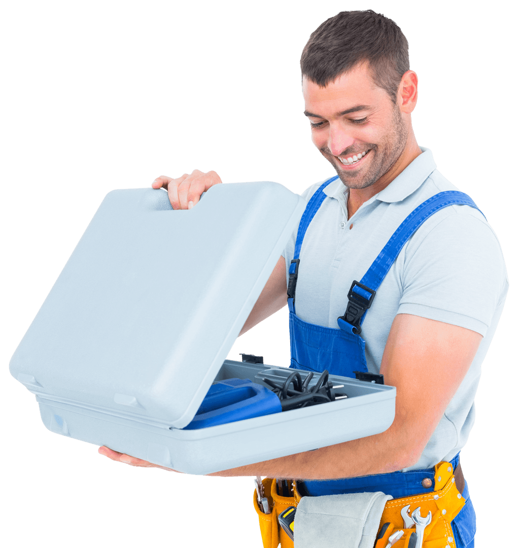 Happy Repairman in Uniform Holding Transparent Toolbox
