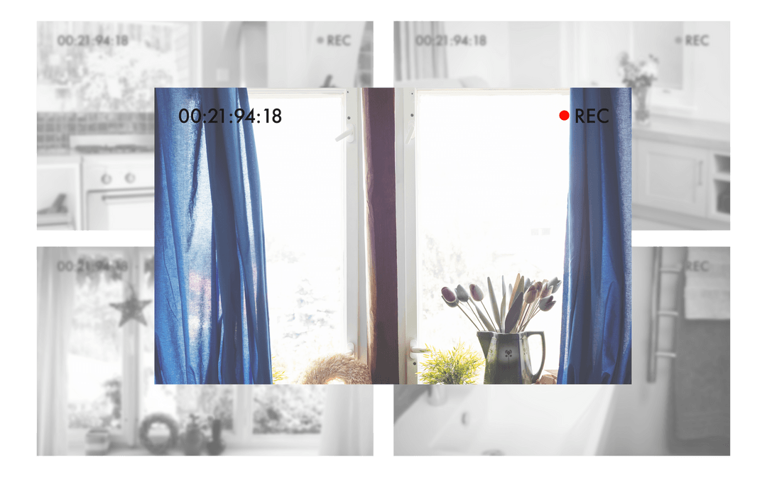 Transparent Digital Illustration Window with Blue Curtains