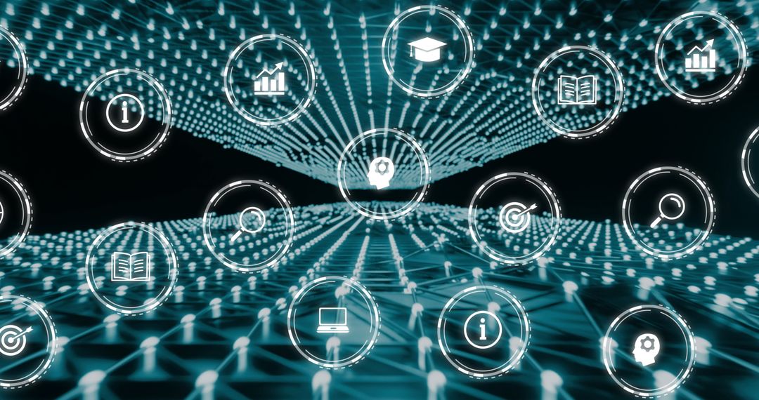 Digital Network of Technology Icons in Futuristic Grid