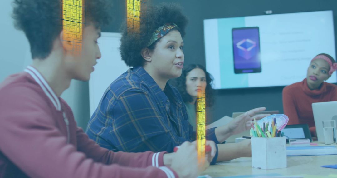 Team Collaborating in Modern Office with Presentation Screen