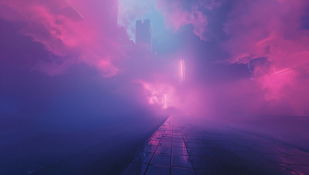 Neon Fog Corridor Reflecting Wet Tiled Walkway and Vertical Light Bars, Futuristic Glow