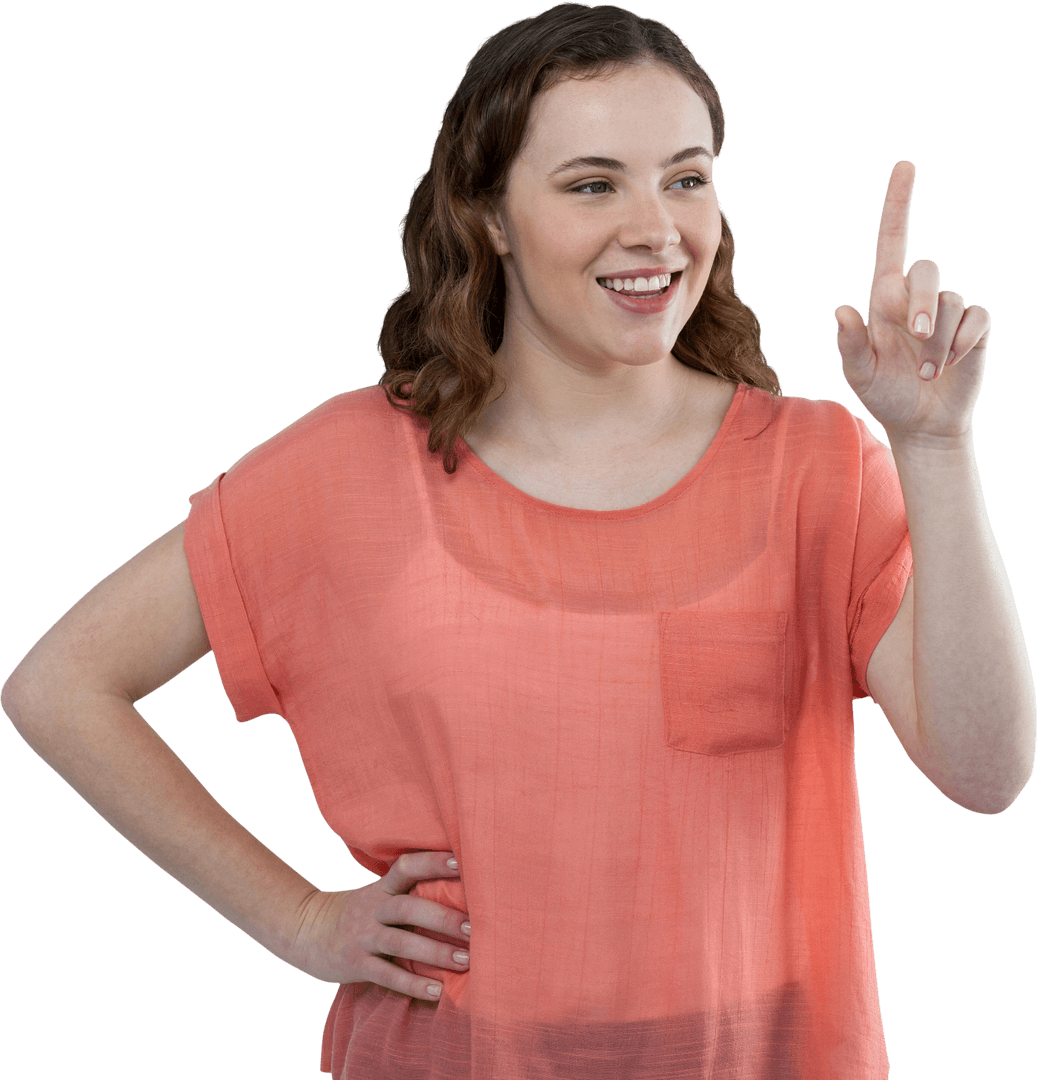 Smiling Woman in Transparent Coral Blouse Pointing