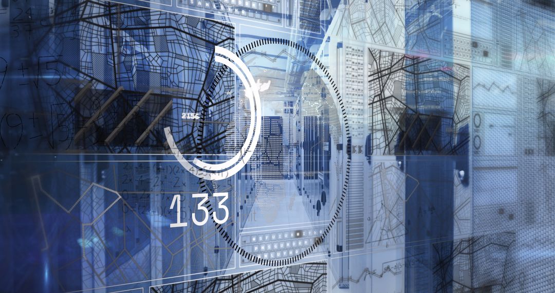 Futuristic Interface with Data and Equations in Server Room