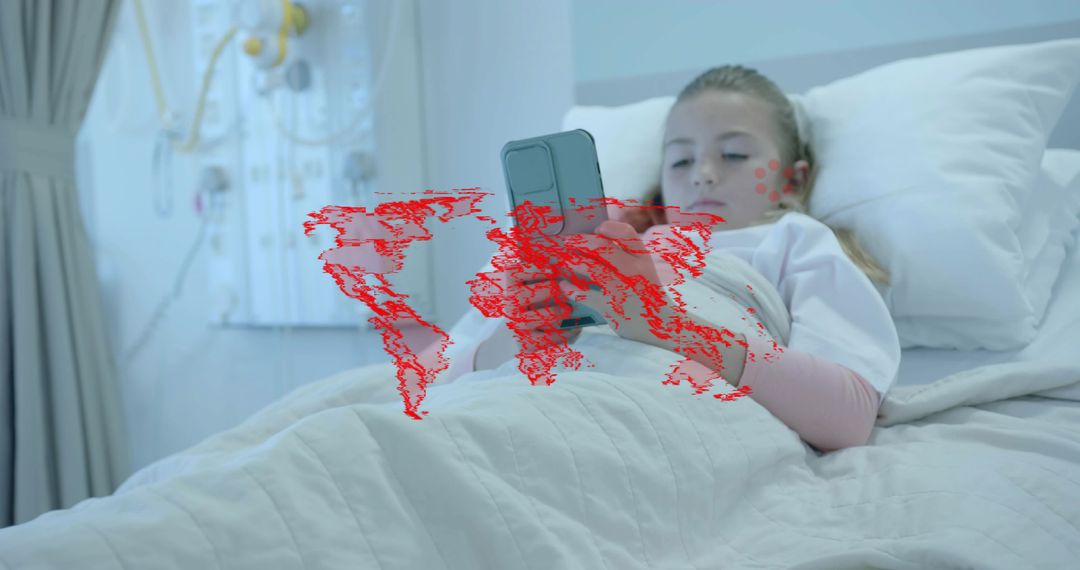 Young girl lying in hospital bed holding foldable smartphone, using device during recovery