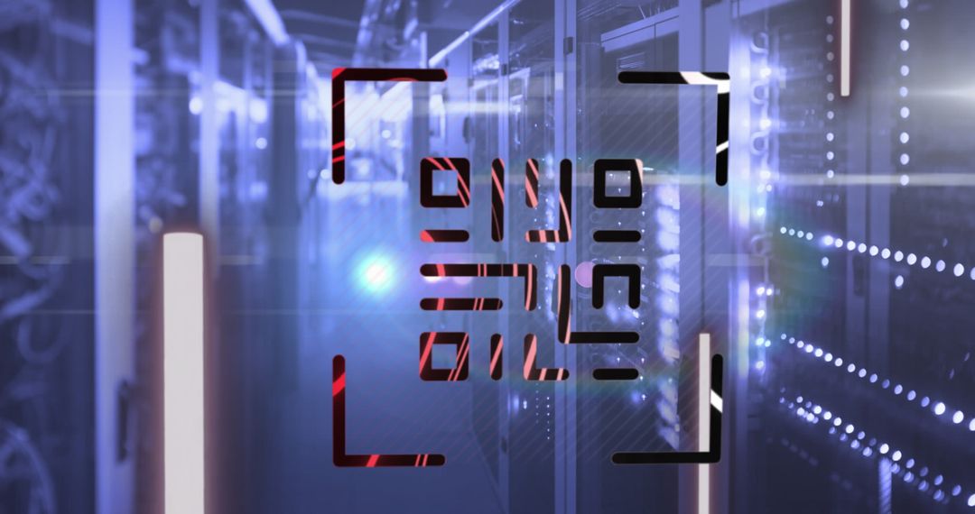 Glowing QR Code with Neon Elements in High-Tech Server Room