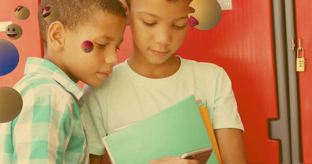 Children with Smartphone Surrounded by Emoji Icons in School