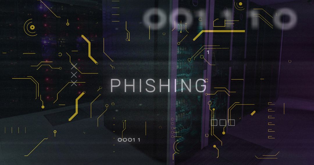 Phishing Alert in Cybersecurity Server Room with Circuit Overlay