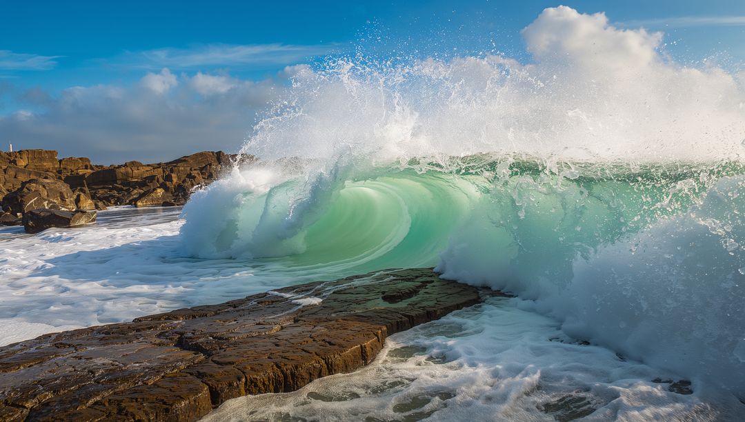 Dynamic Ocean Waves Crashing onto Rocky Coastline
