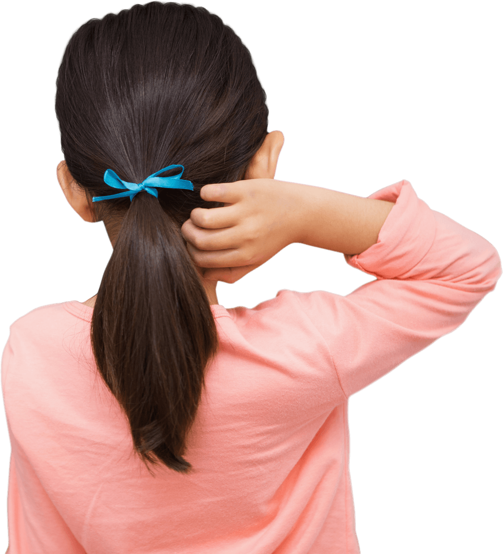Caucasian Girl with Ponytail and Blue Ribbon on Transparent Background
