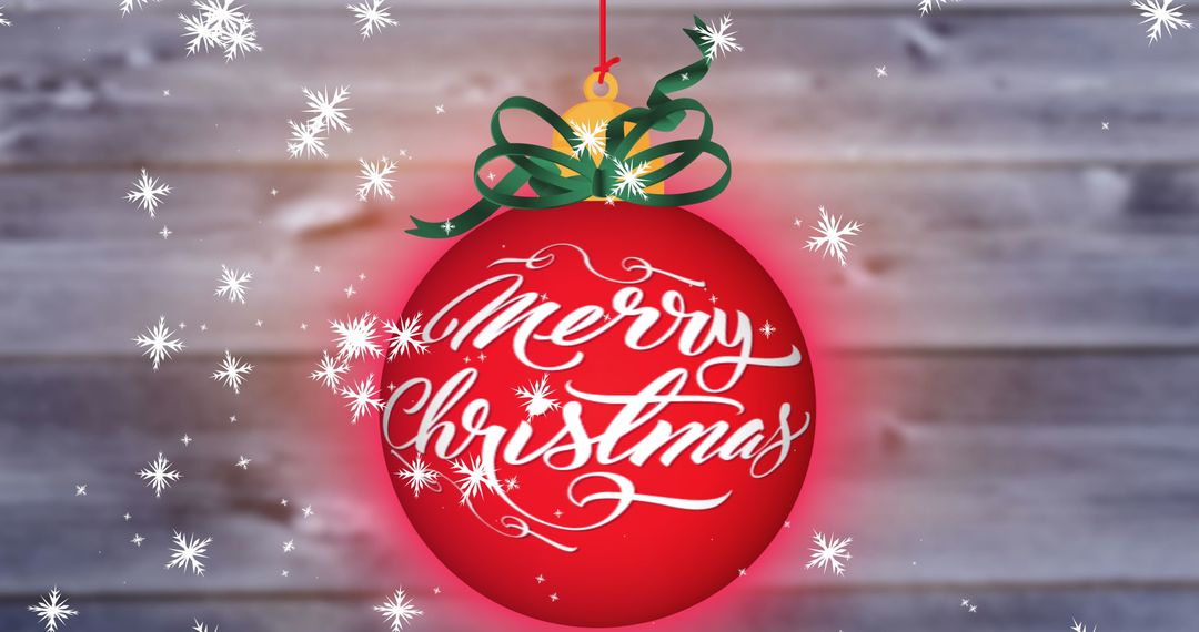 Merry Christmas Ornament with Snowflake Sparkles on Wooden Background