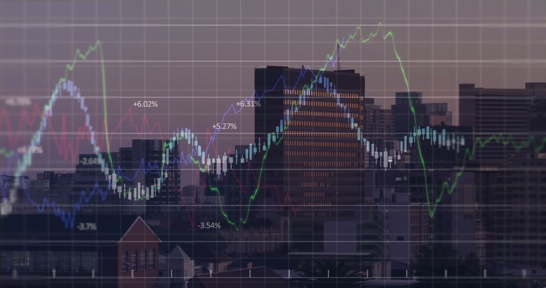 Dynamic Line Chart Overlaying City Skyline During Dusk with Data Visualization